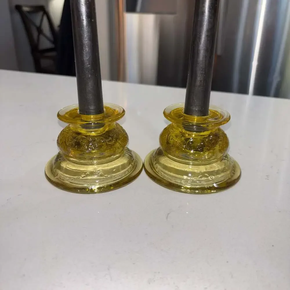 Vintage Federal Glass Madrid Amber Yellow Depression Glass Candle Holder Pair